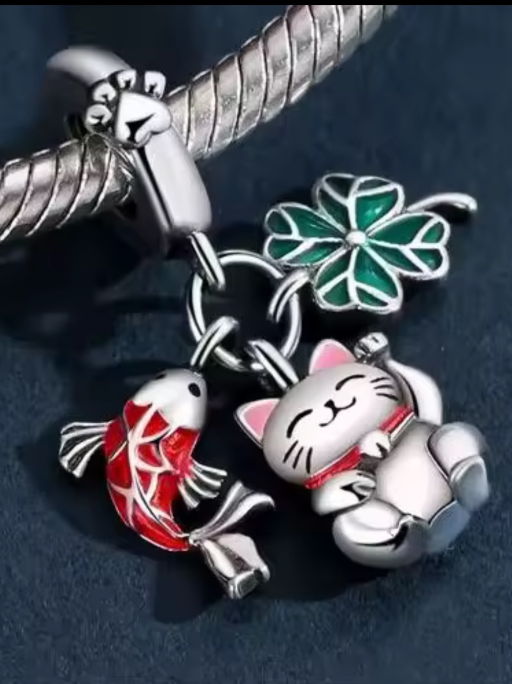 Silver Lucky Cat & Koi Charm Bracelet Pendant - Green & Red